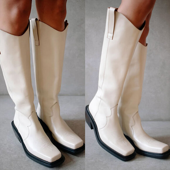 ALOHAS Cattle Cowboy Leather Squre Toe Tall Boots in Ivory Size 7-7.5 - Picture 2 of 16